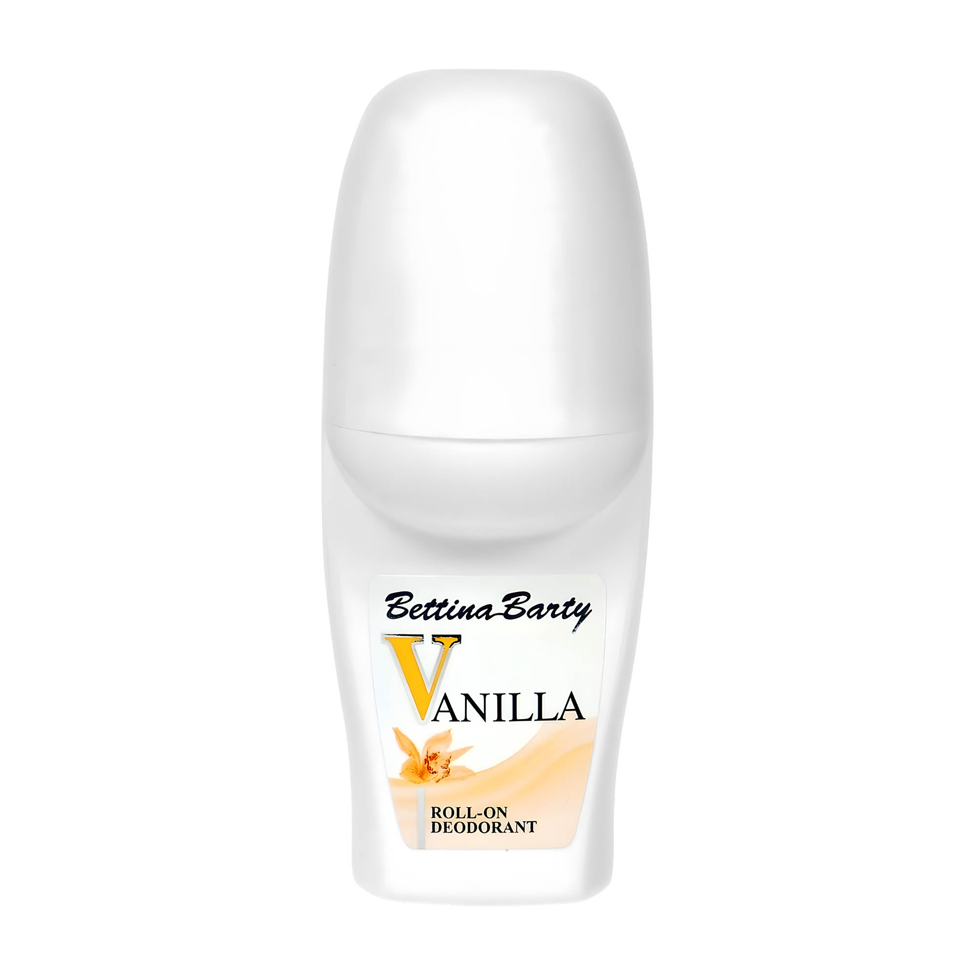 A roll-on deodorant with the branding 'Bettina Barty' and 'VANILLA' on it, indicating a vanilla-scented deodorant stick designed for all skin types.