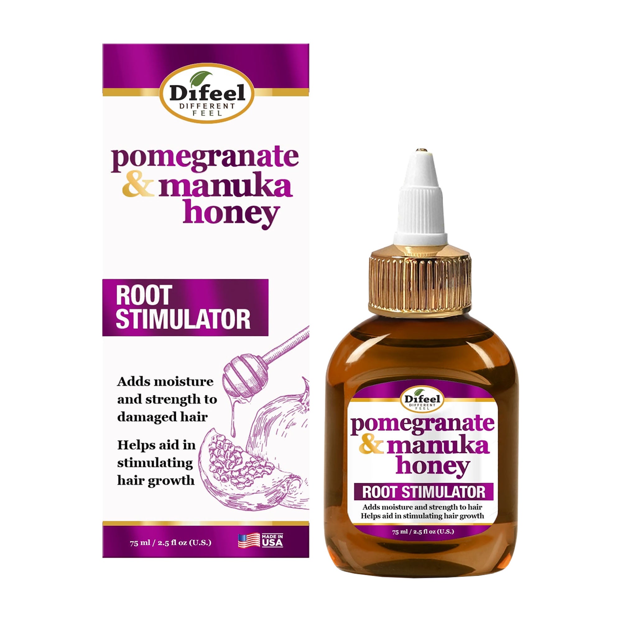 Difeel pomegranate & manuka honey root stimulator bottle and packaging on a white background