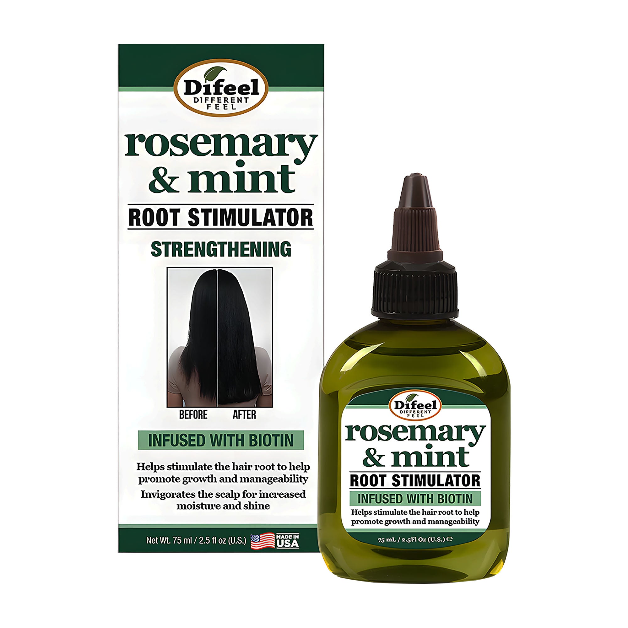 Difeel rosemary & mint root stimulator bottle and packaging on a white background