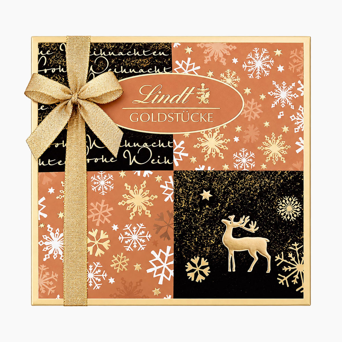 Lindt Goldstucke Rose - Rose Gold Nuggets Pralines box on a light gray background.
