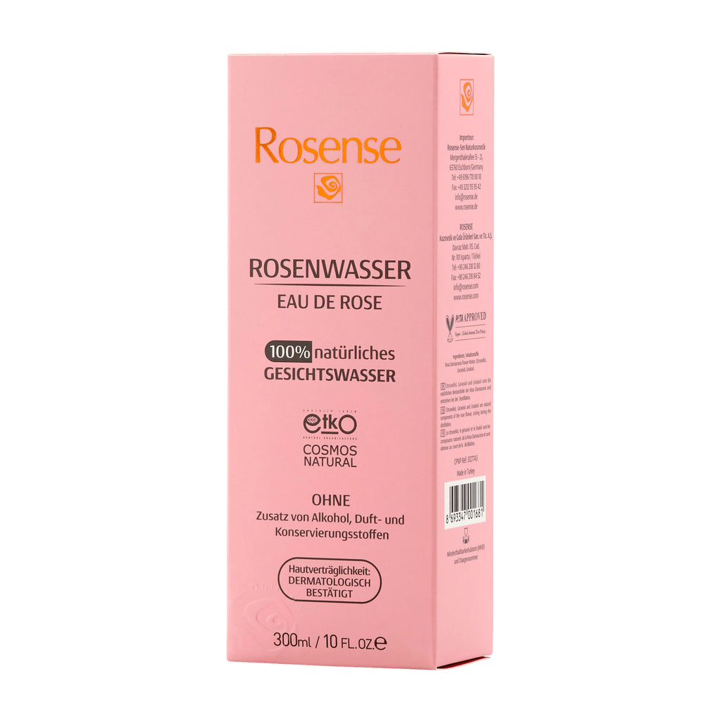 Pink box of Rosense Rose Water facial toner on a white background