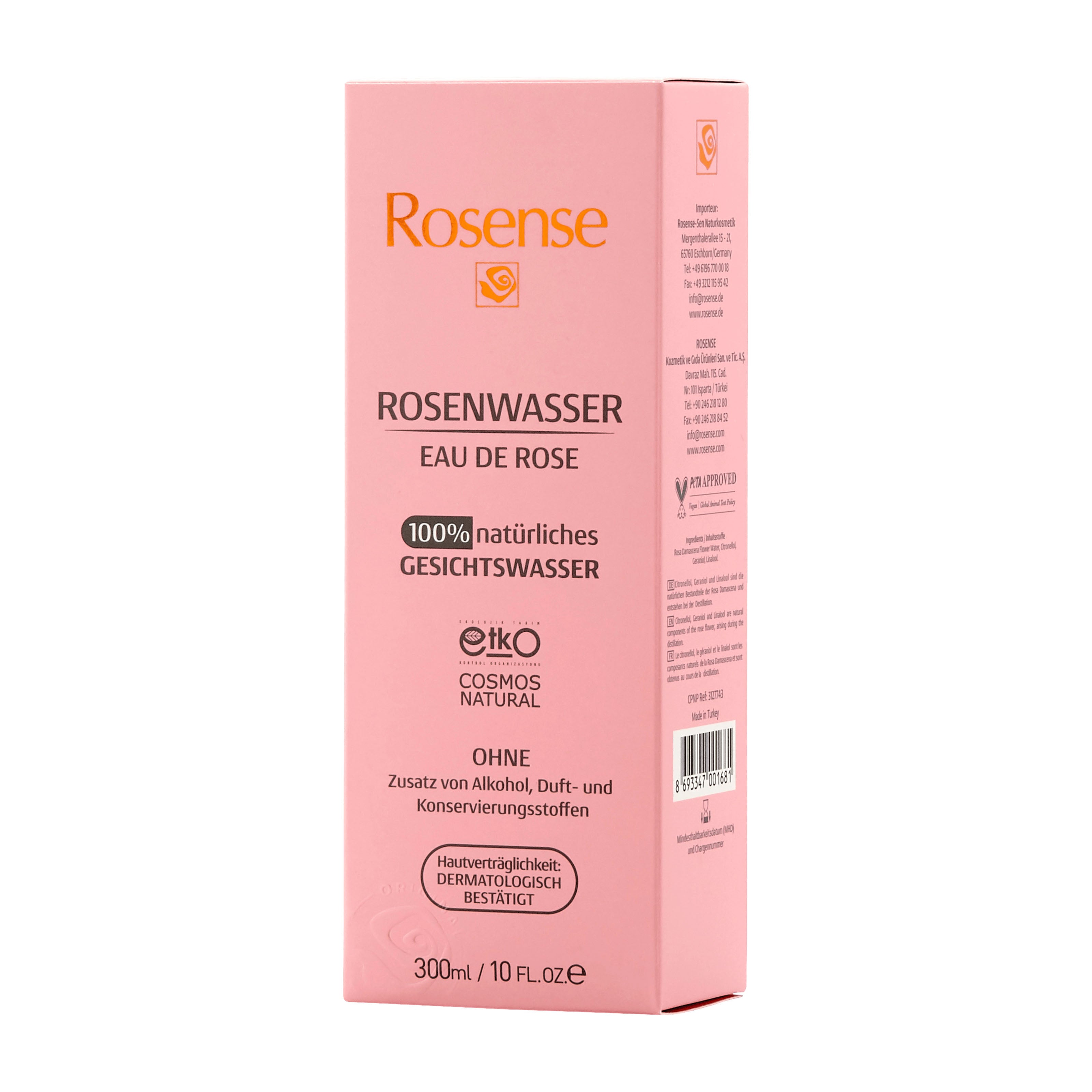 Pink box of Rosense Rose Water facial toner on a white background