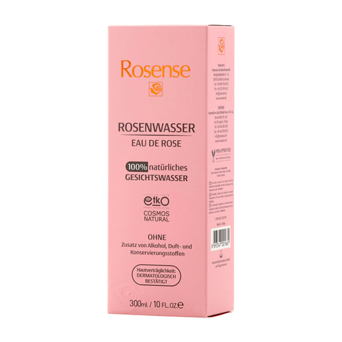 Pink box of Rosense Rose Water facial toner on a white background