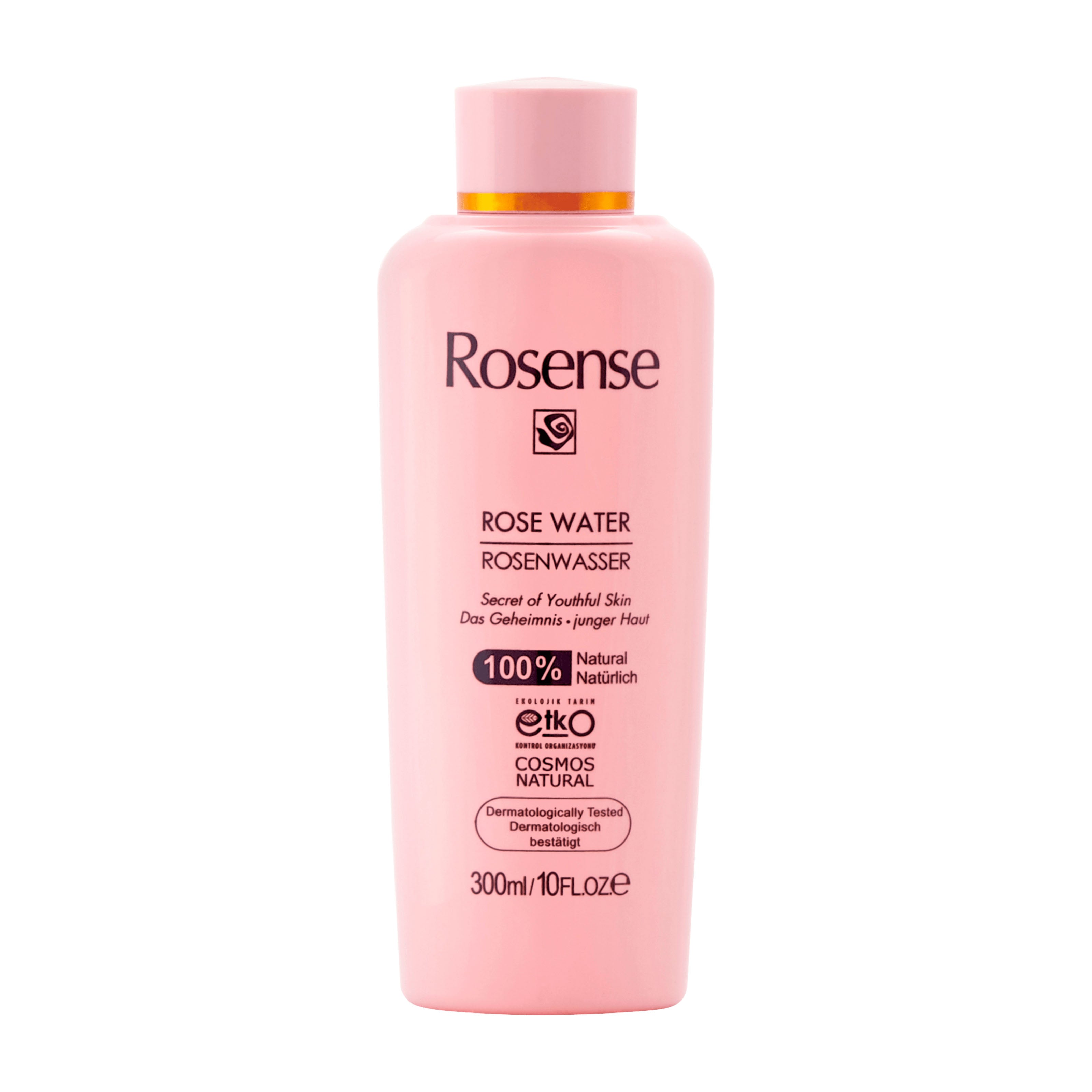 Pink bottle of Rosense Rose Water facial toner on a white background