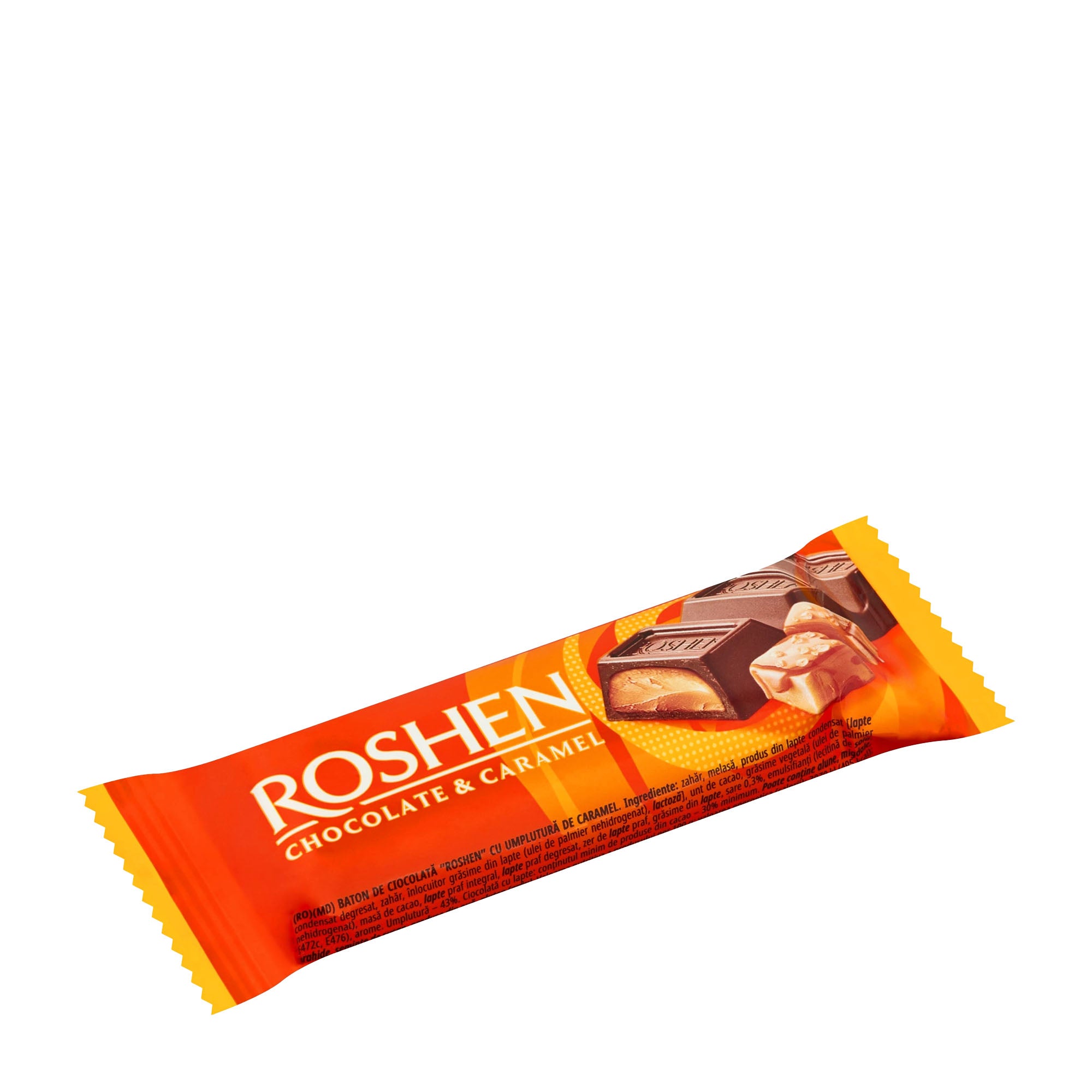 Roshen Caramel milk chocolate bar packaging on a white background