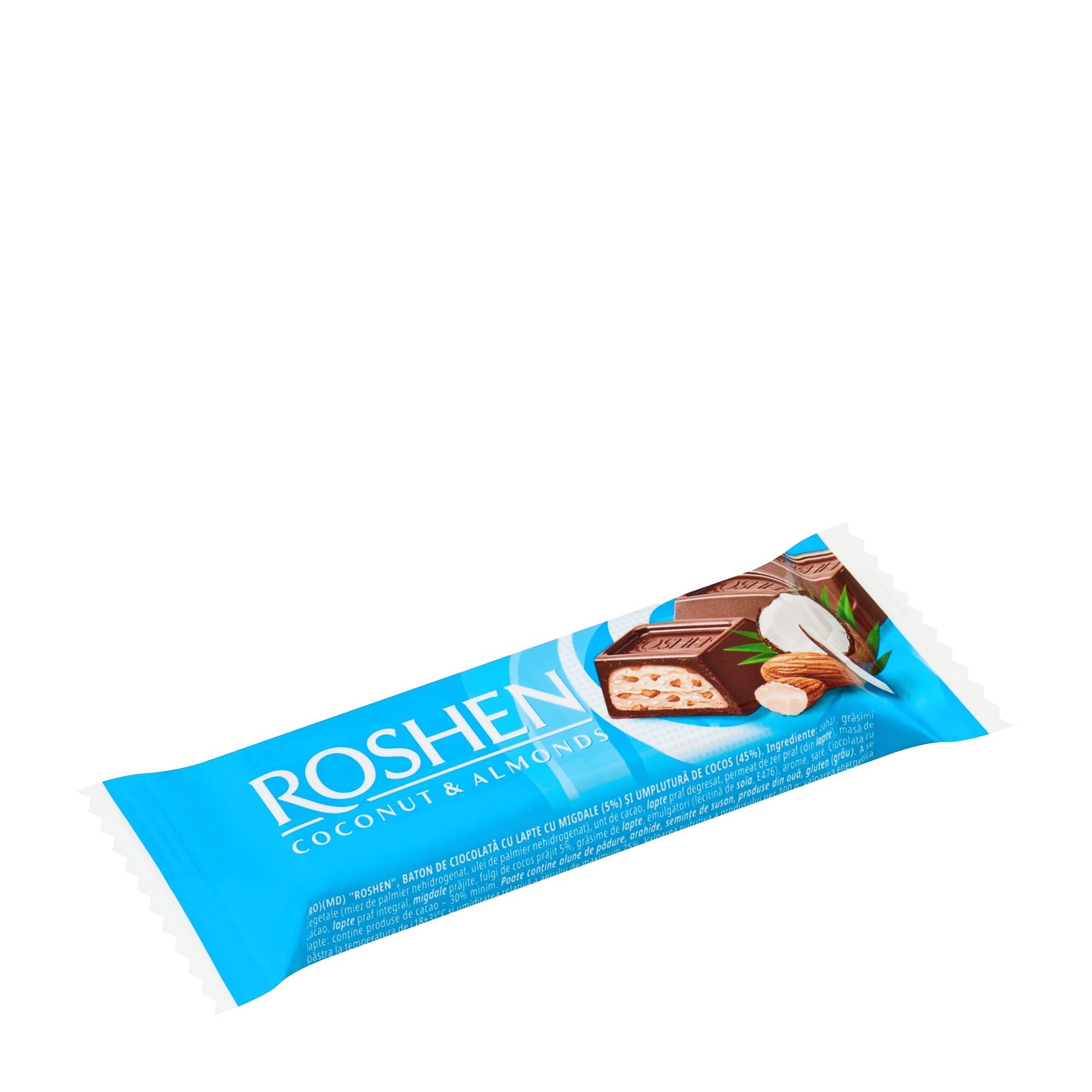 Roshen Coconut & Almonds milk chocolate bar packaging on a white background