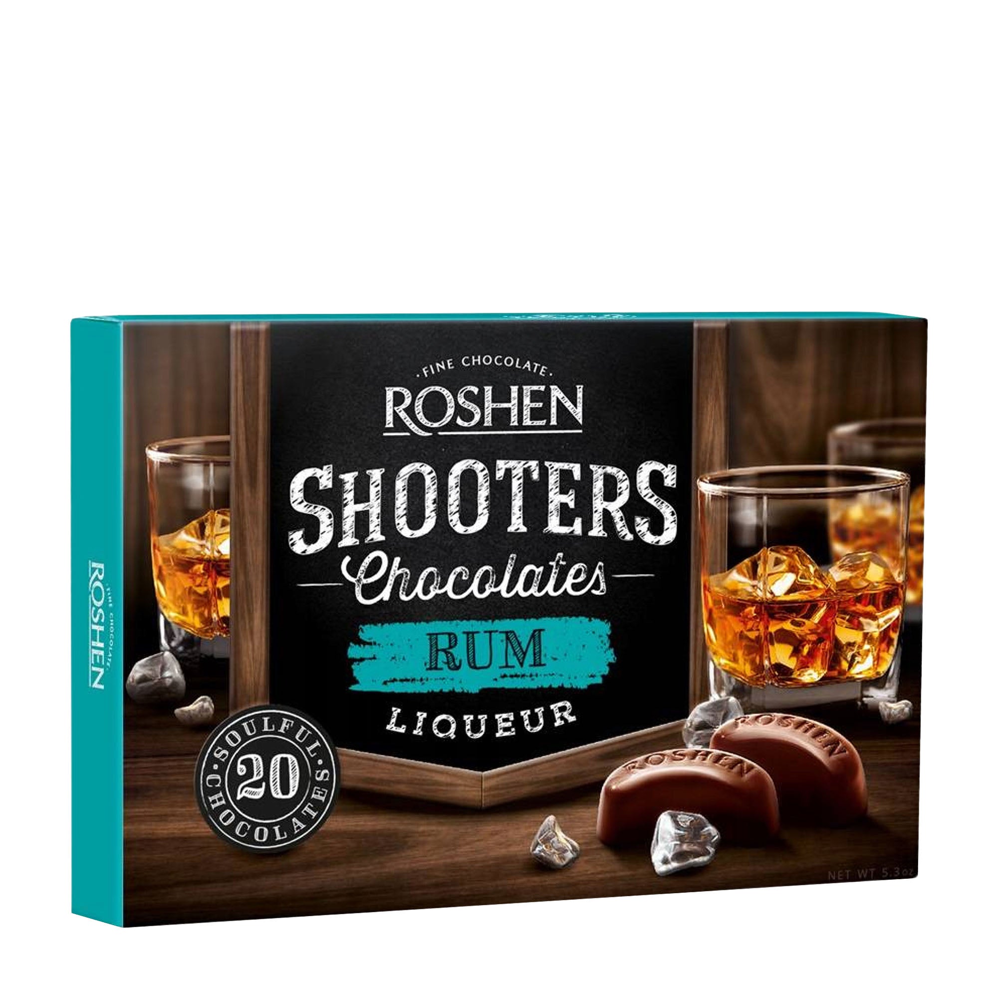 Roshen Shooters Chocolates Rum Liqueur packaging with glasses of rum and chocolates on a wooden surface.