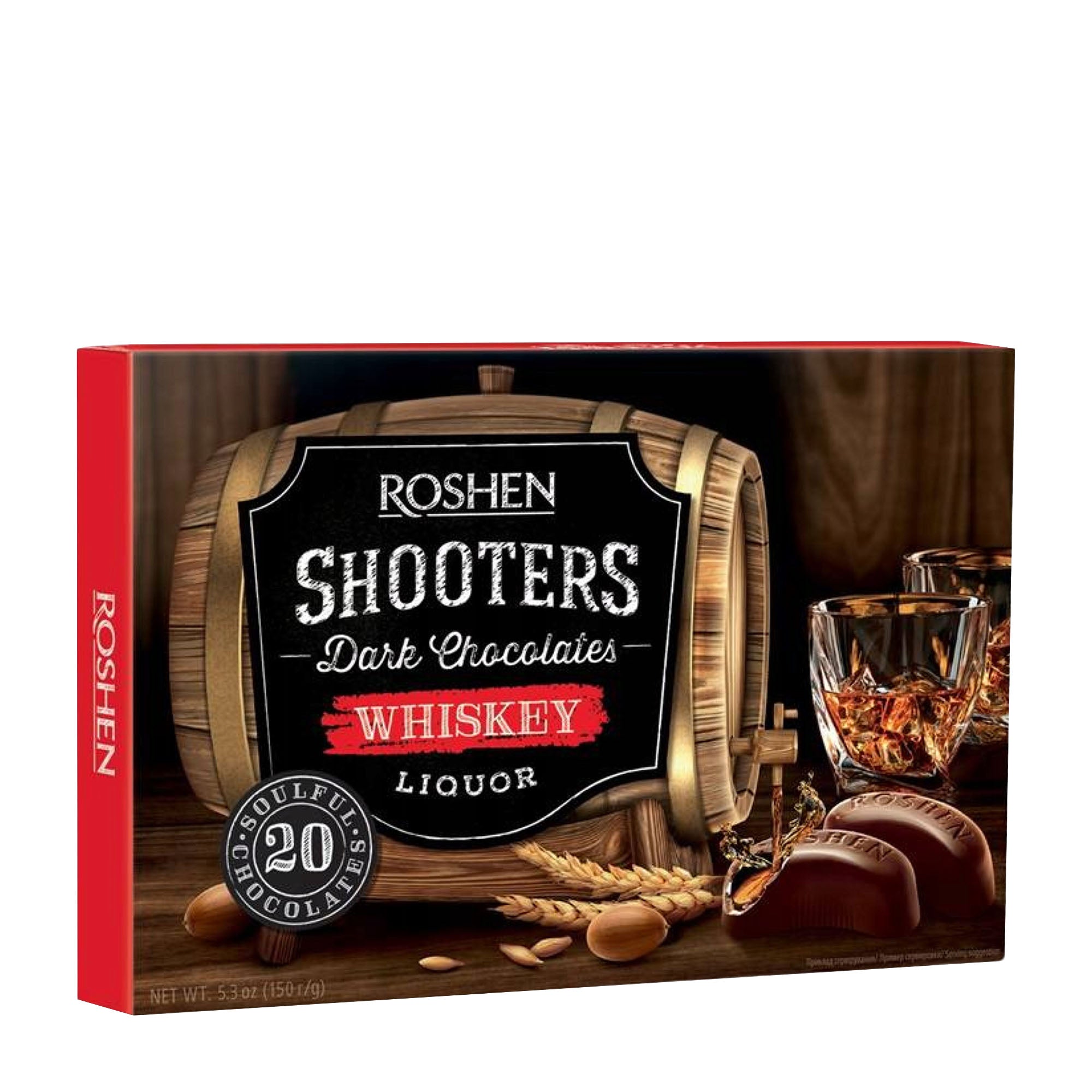 Roshen Shooters Dark Chocolates Whiskey Liquor pralines packaging with a barrel design.