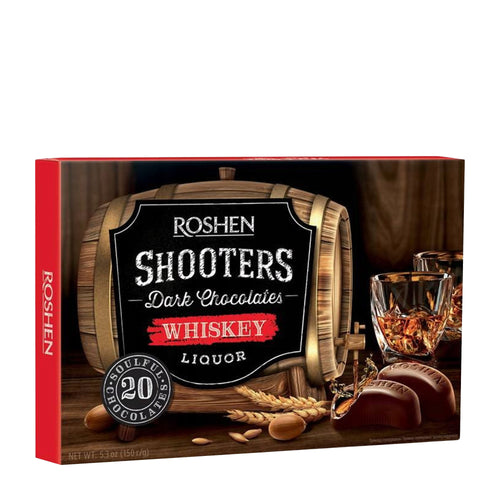 Roshen Shooters Dark Chocolates Whiskey Liquor pralines packaging with a barrel design.