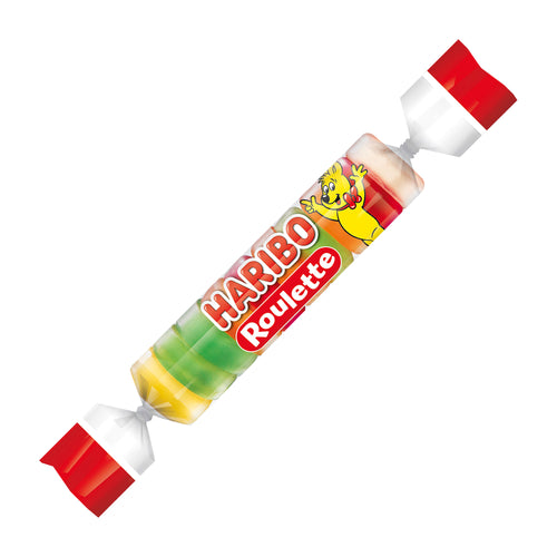 Haribo Roulette candy roll with red and white cap on a white background
