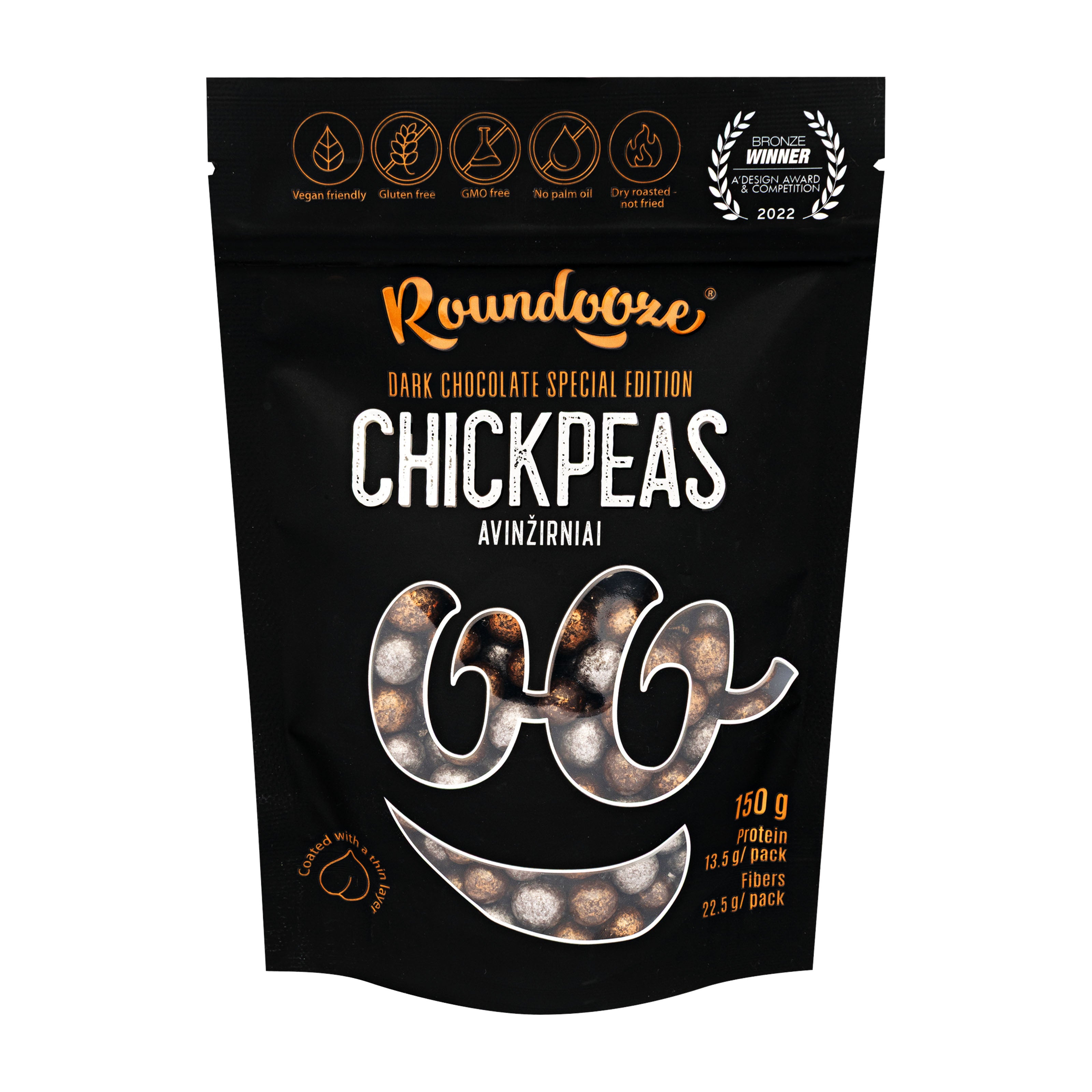 Bag of Roundooze Dark Chocolate Covered Chickpea Snack on a white background