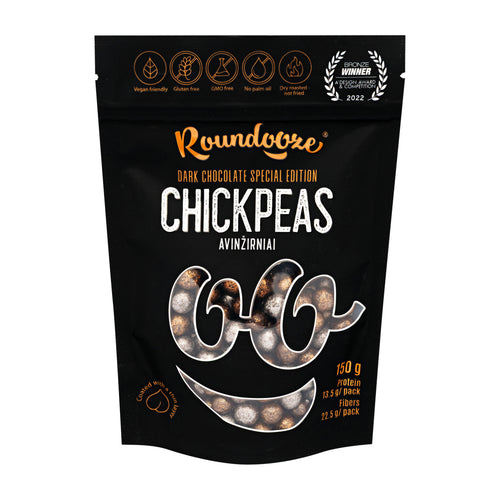 Bag of Roundooze Dark Chocolate Covered Chickpea Snack on a white background