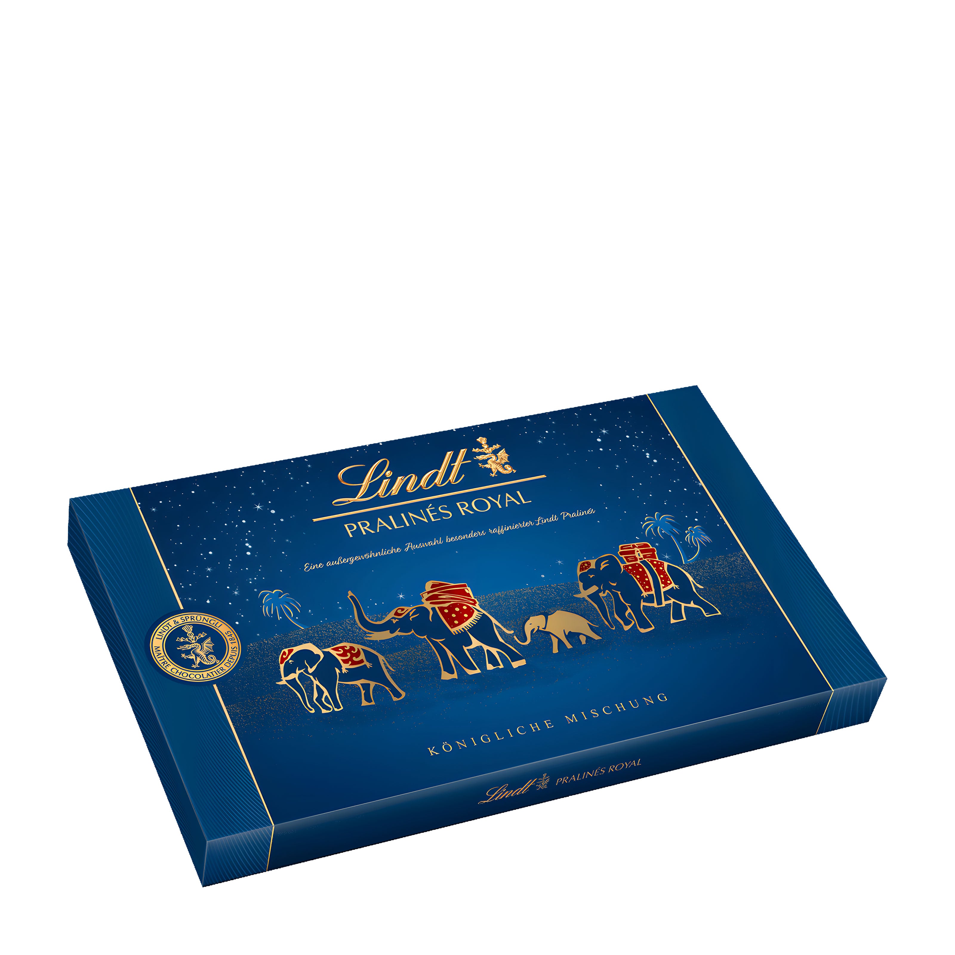 Blue box of Lindt Royal Pralines with decorative elements on a white background
