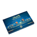 A Lindt Royal Pralines assortment box with a vibrant blue background featuring gold accents and an illustration of animals alongside the Lindt logo.