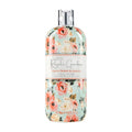 A bottle of Baylis & Harding Royale Garden luxury body wash with peach, peony, and jasmine fragrance, featuring elegant floral packaging.