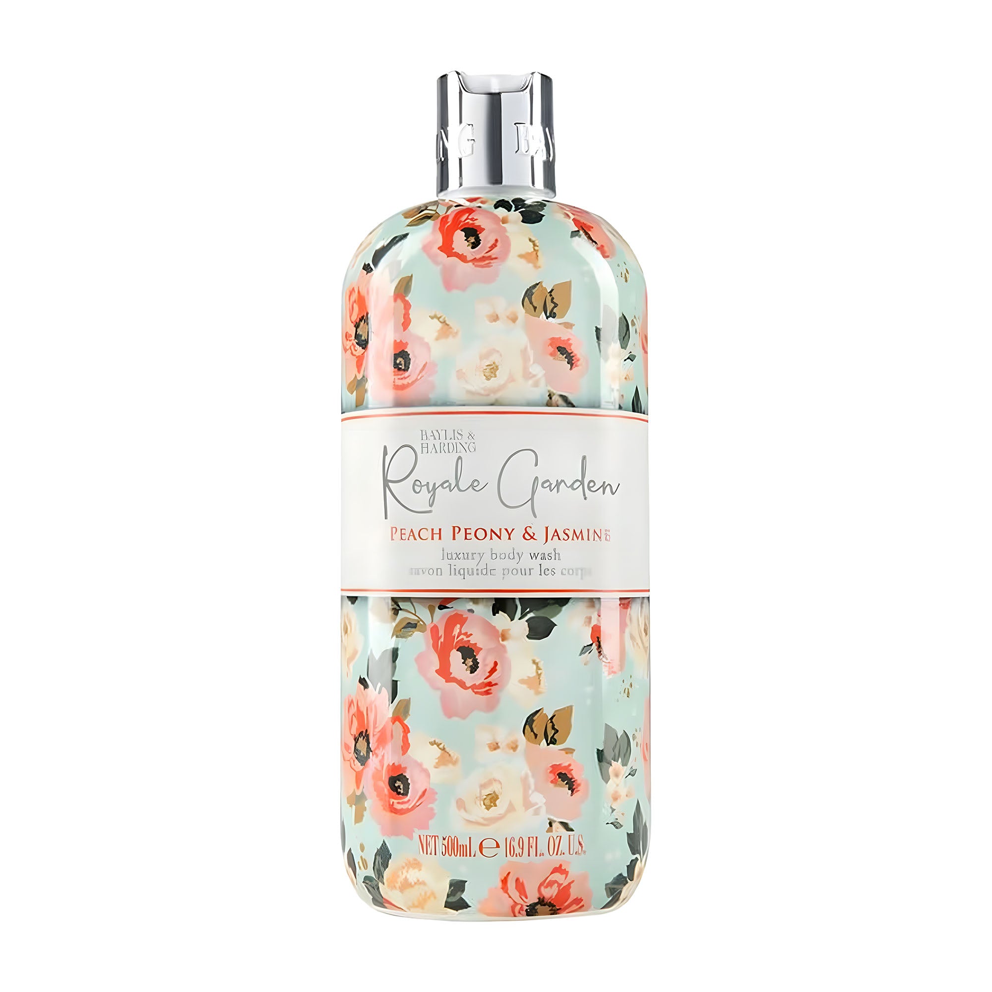 A bottle of Baylis & Harding Royale Garden luxury body wash with peach, peony, and jasmine fragrance, featuring elegant floral packaging.