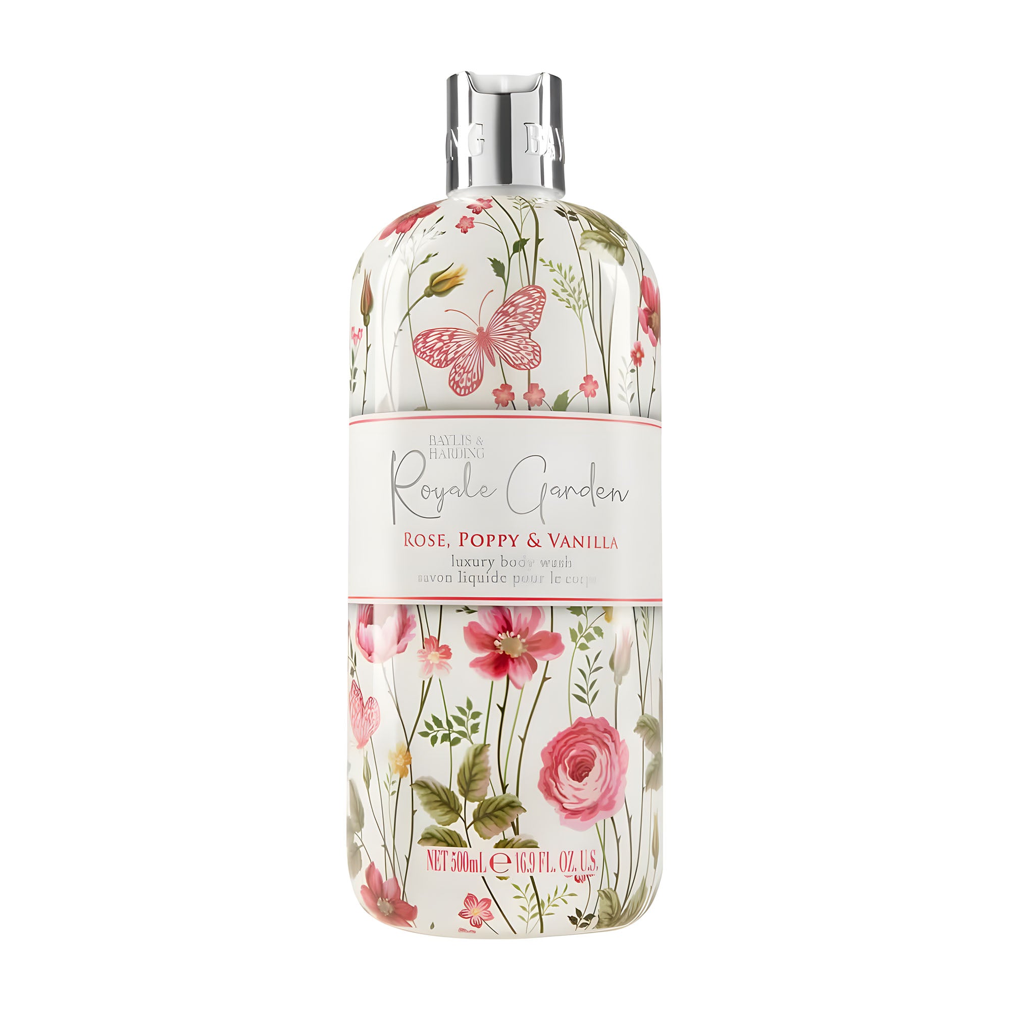 A bottle of Baylis & Harding Royale Garden luxury body wash with a floral design, containing rose, poppy, and vanilla scents.