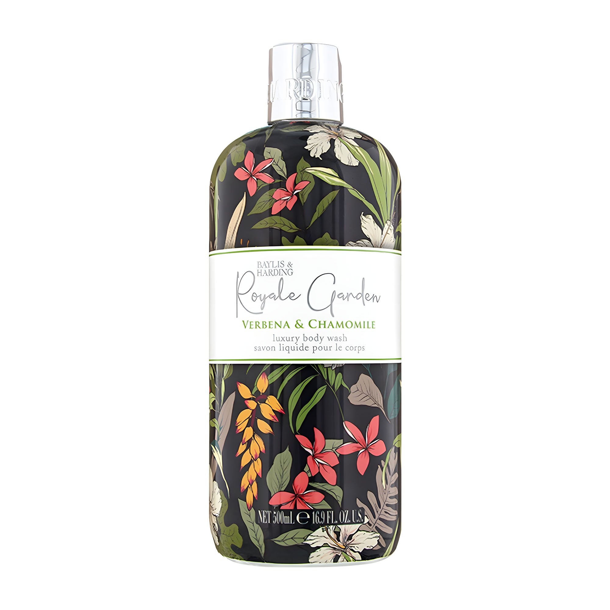 A bottle of Baylis & Harding Royale Garden luxury body wash with a floral design, 500 mL.