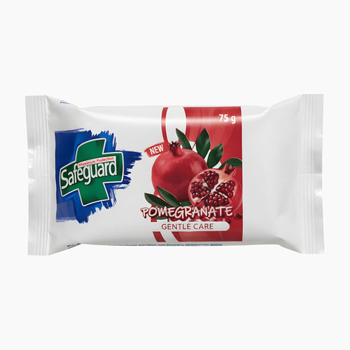 Safeguard Pomegranate Gentle Care 75g packaged soap bar, featuring a white wrapper with a blue and green Safeguard logo and a red pomegranate graphic.