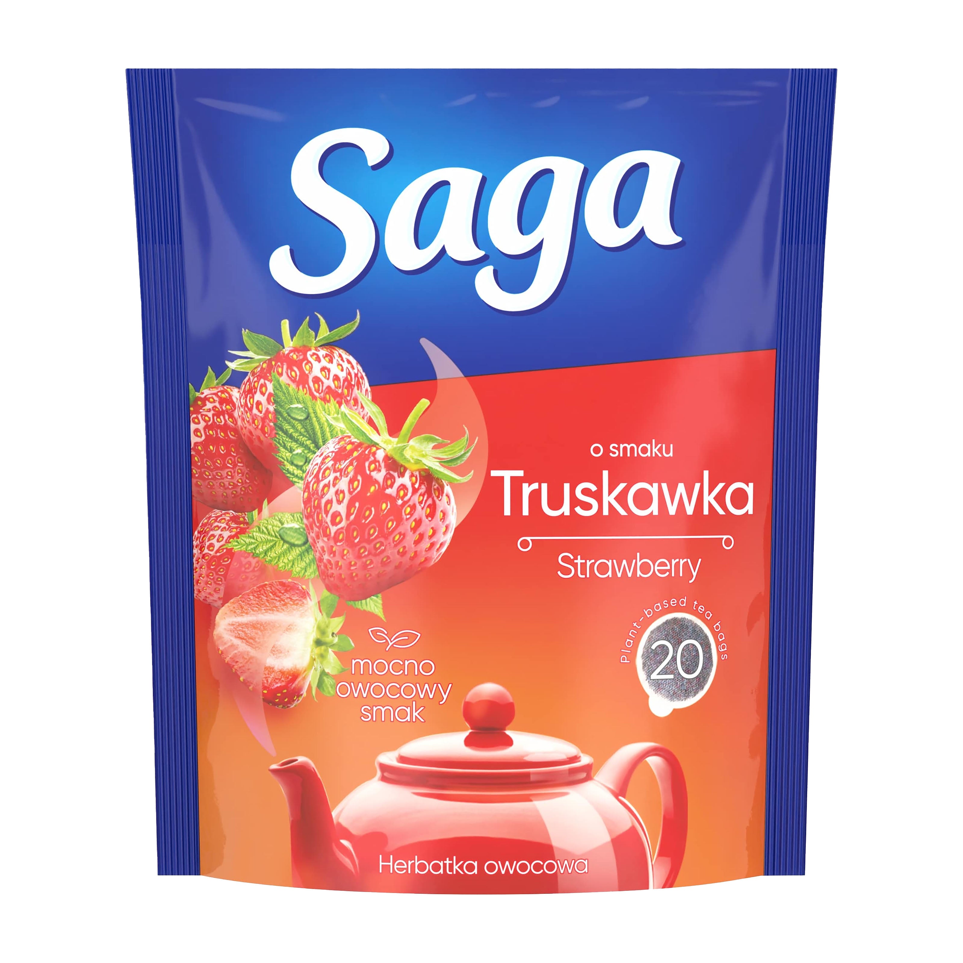 Saga strawberry-flavored tea package with strawberries and a teapot on a white background