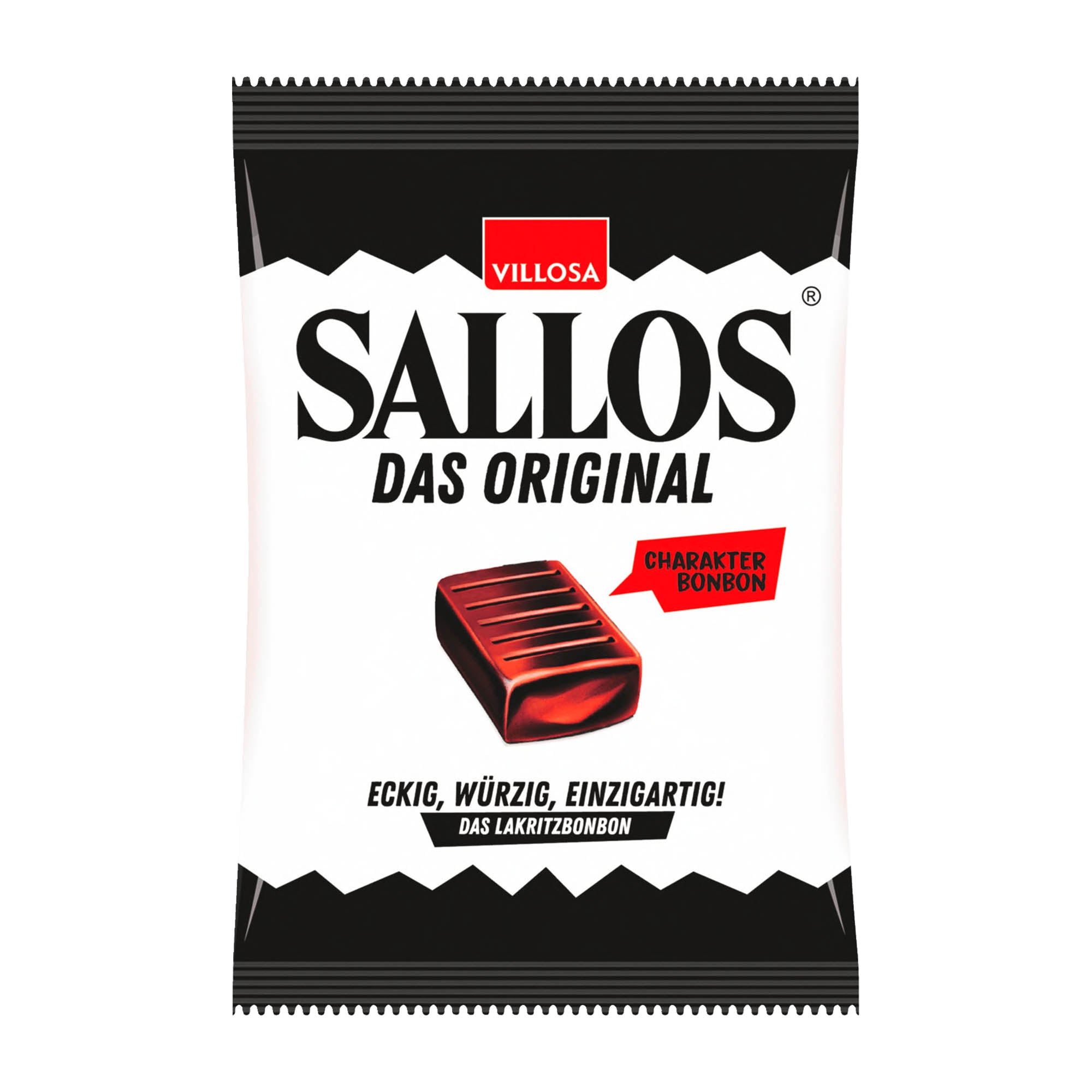 Packaging of Sallos Original hard candy, featuring the product name and a single candy piece visible through the packaging.