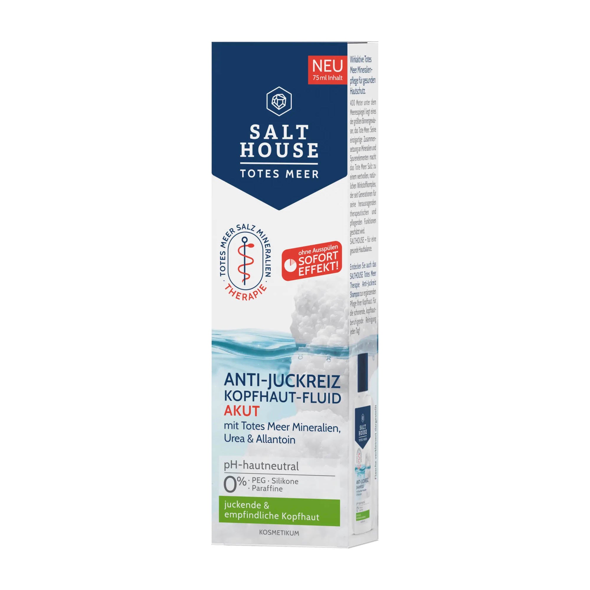 Packaging of Salthouse Anti-itching scalp fluid. The box is predominantly white with blue and red accents, featuring an image of a scalp and text detailing the product's benefits and ingredients.