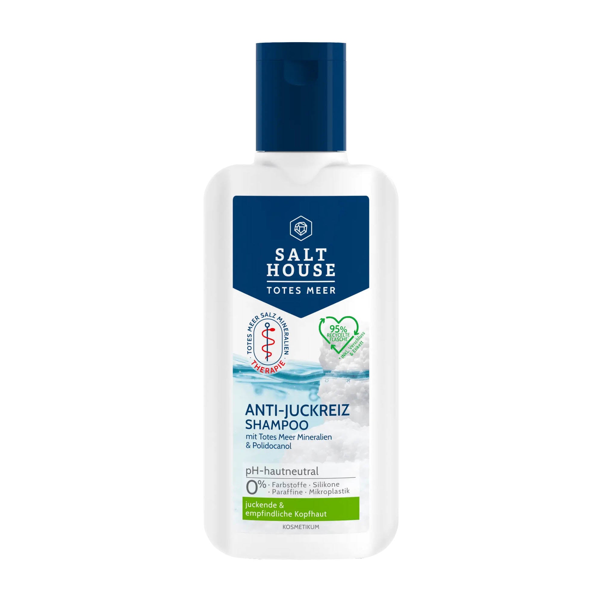 A bottle of Salthouse Anti-itching Shampoo, 250 mL with labeling that includes the brand name and the benefits of the shampoo, such as being suitable for itchy and sensitive scalp.