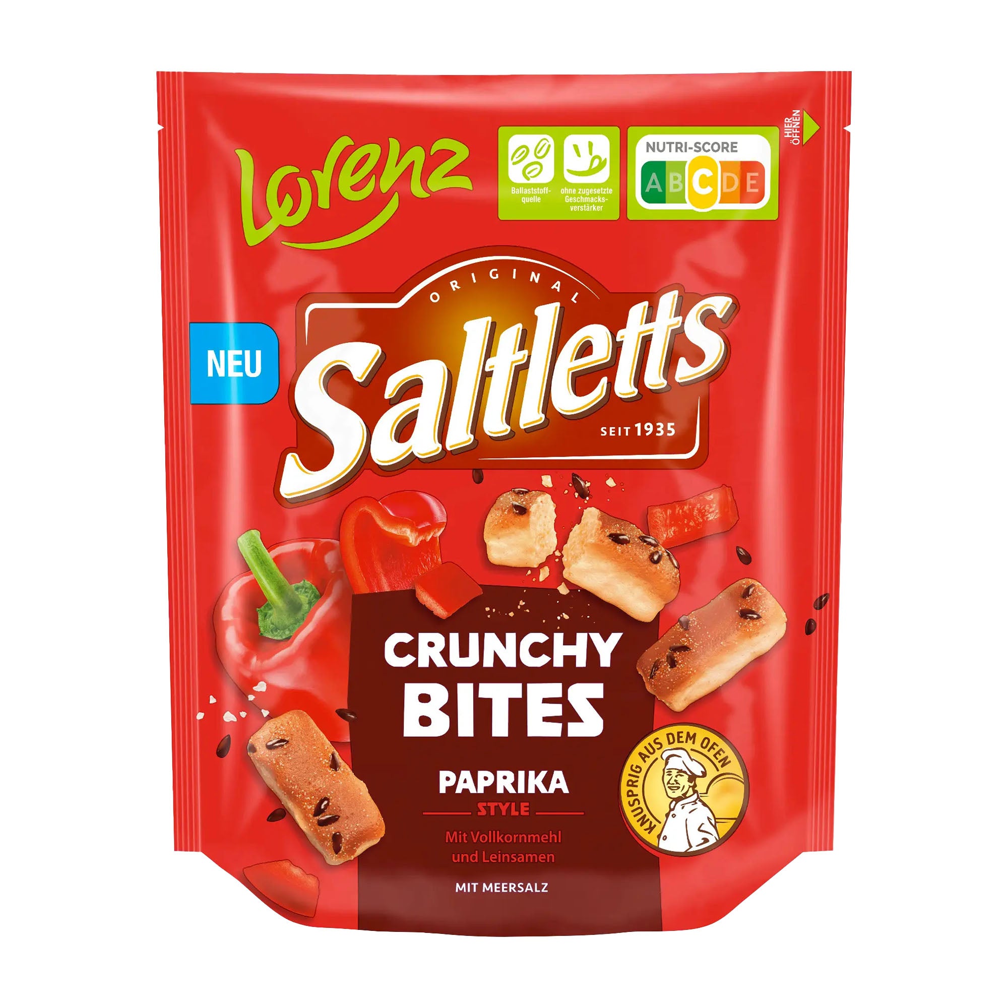 Red package of Lorenz Saltletts Crunchy Bites Paprika Style on a white background