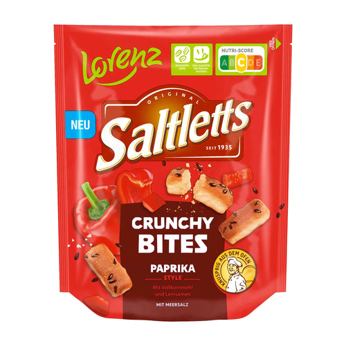 Red package of Lorenz Saltletts Crunchy Bites Paprika Style on a white background
