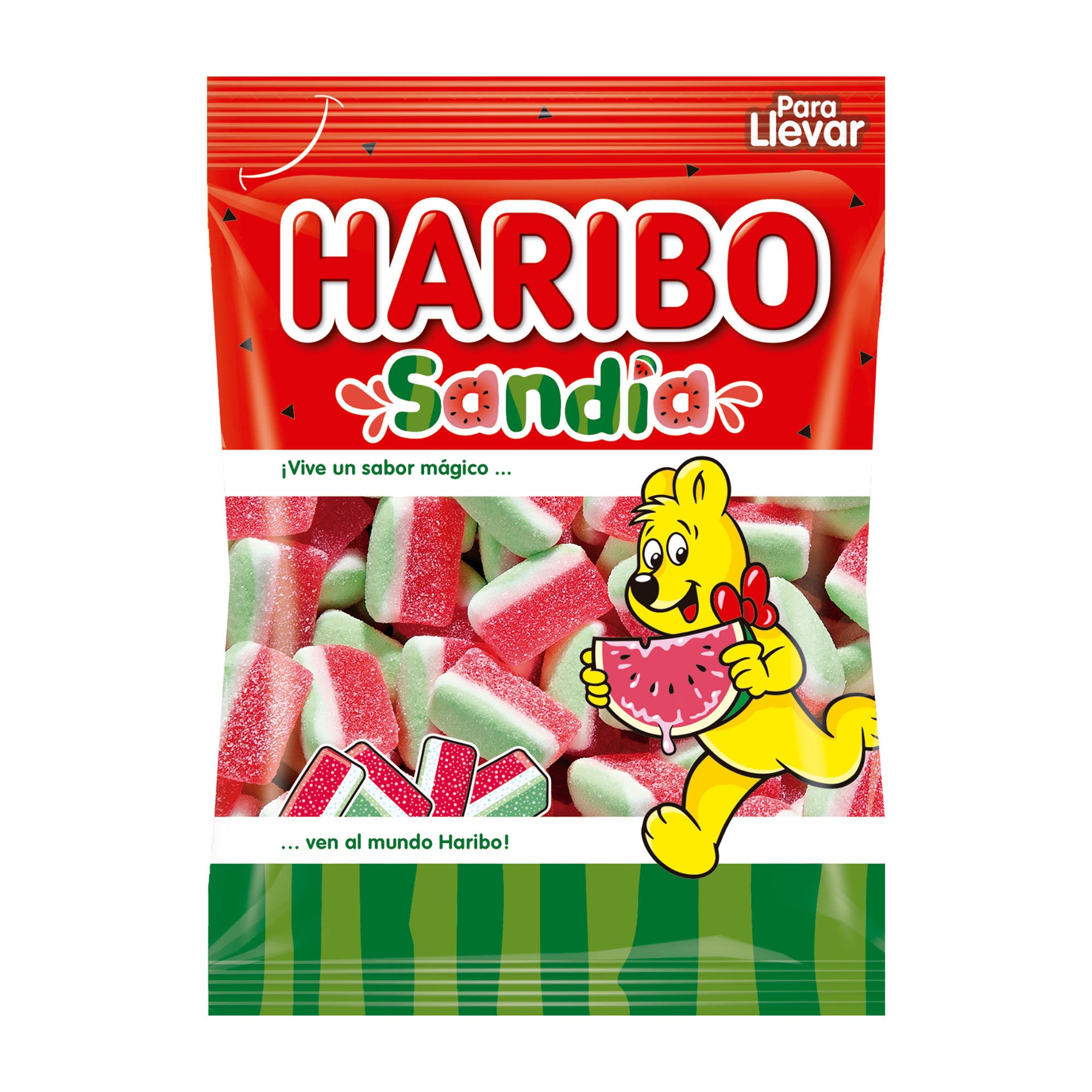 Haribo Sandia candy package with a cartoon character on a white background