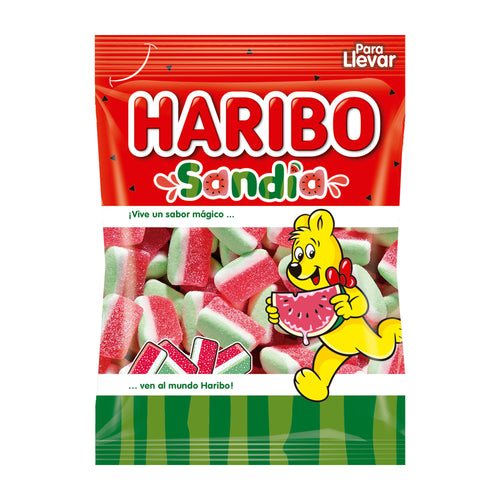 Haribo Sandia candy package with a cartoon character on a white background