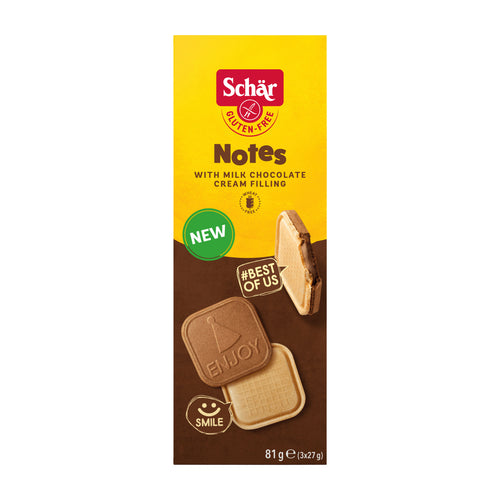 Schar Notes gluten-free biscuits packaging with yellow and brown design