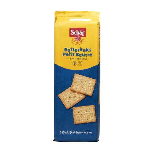 Schar gluten-free butter biscuit packaging with yellow and blue design