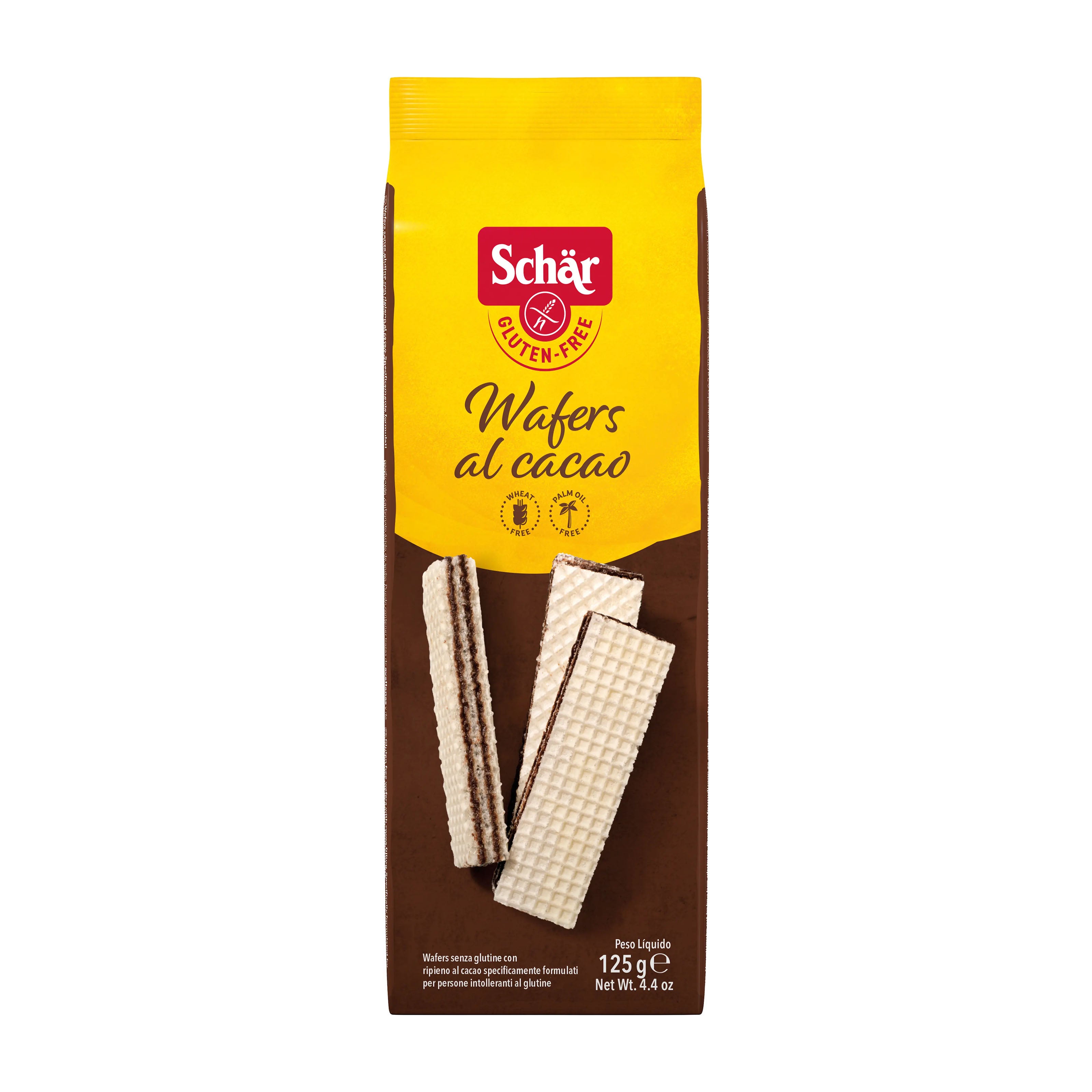 Packaging of Schar cocoa wafers with yellow and brown design.