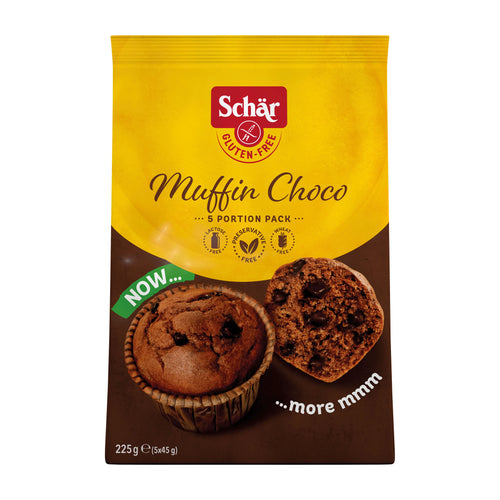 Schar gluten-free muffin choco packaging with a yellow and brown design.
