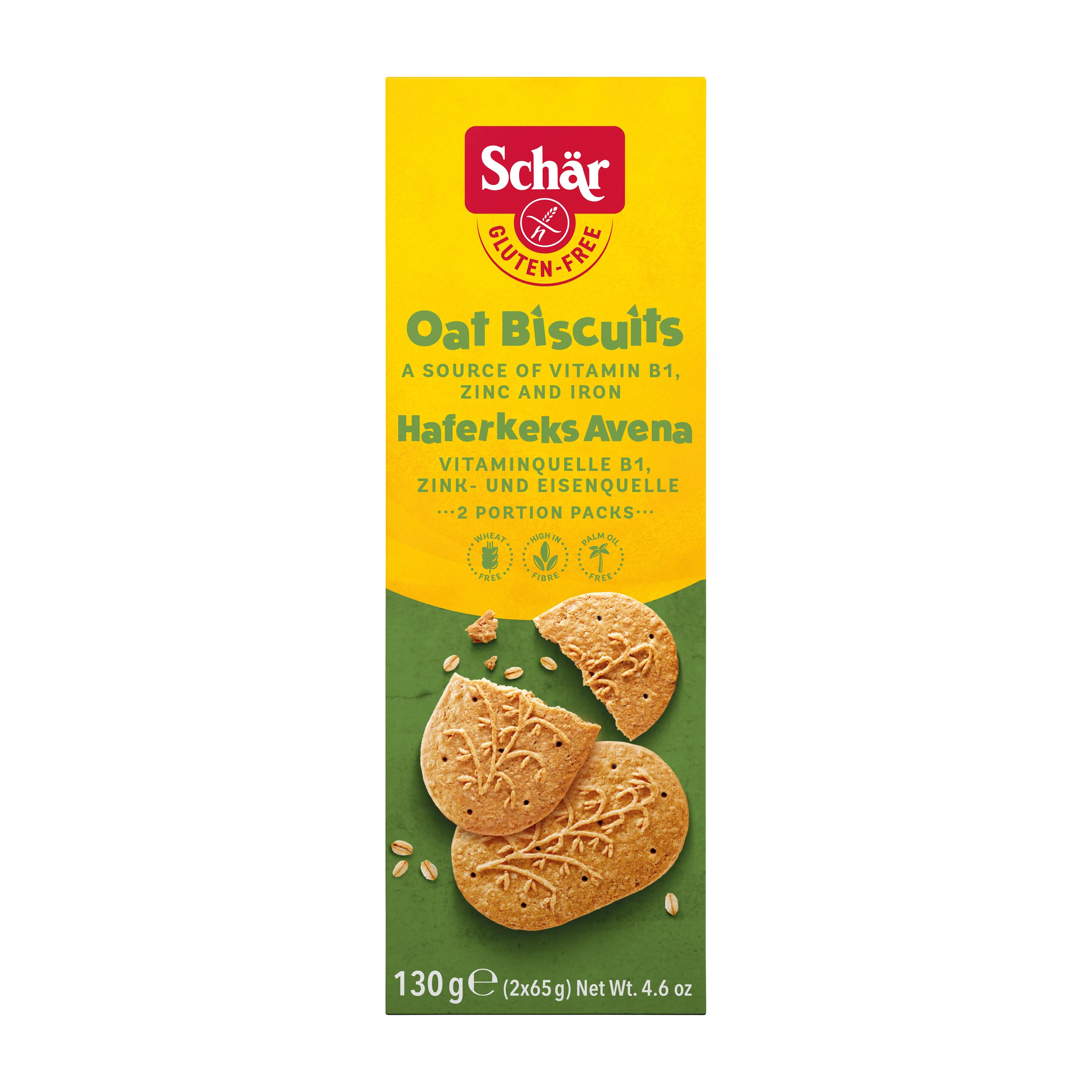 Schar Gluten-free Oat Biscuits packaging with yellow and green design on a white background