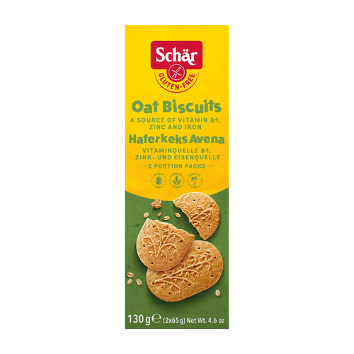Schar Gluten-free Oat Biscuits packaging with yellow and green design on a white background