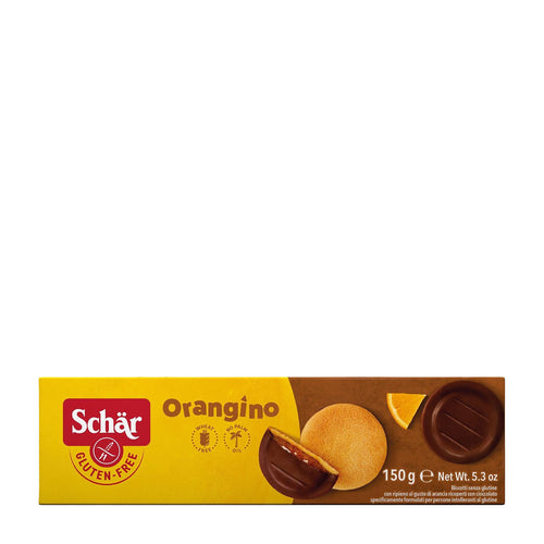 Box of Schar Orangino cookies with a yellow and brown design on a white background