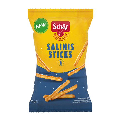 Yellow and blue packaging of Schar Salinis Sticks on a white background