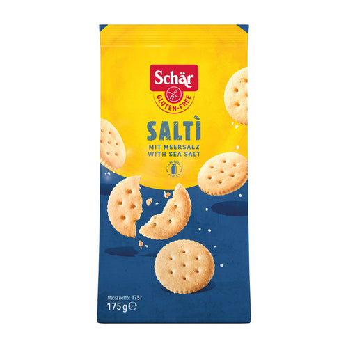 Packaging of Schar Salti crackers with sea salt on a yellow and blue background