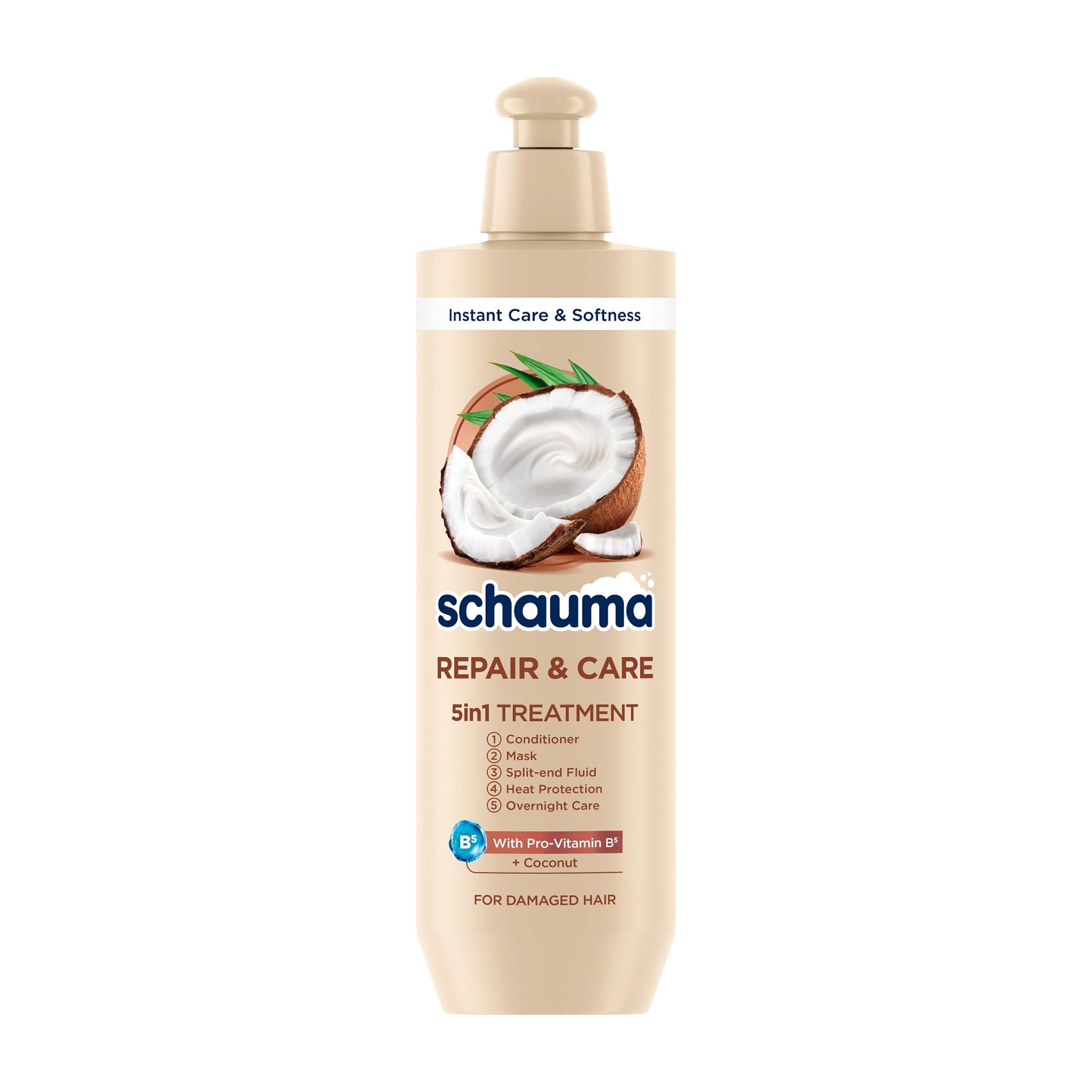Plastic bottle of Schauma Repair & Care 5in1 Hair Treatment on a white background