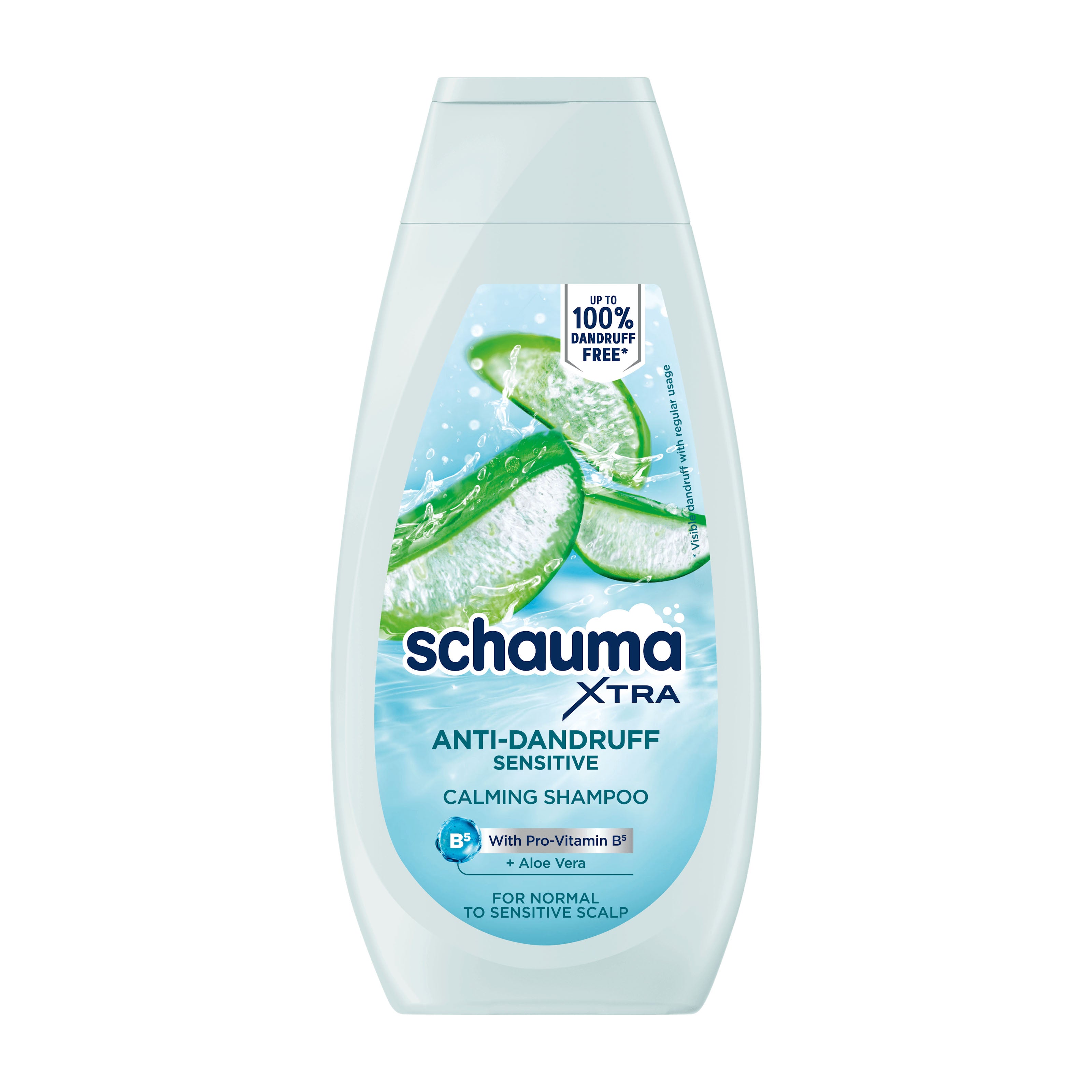 Plastic bottle of Schauma Xtra Anti-Dandruff Sensitive Calming Shampoo on a white background.