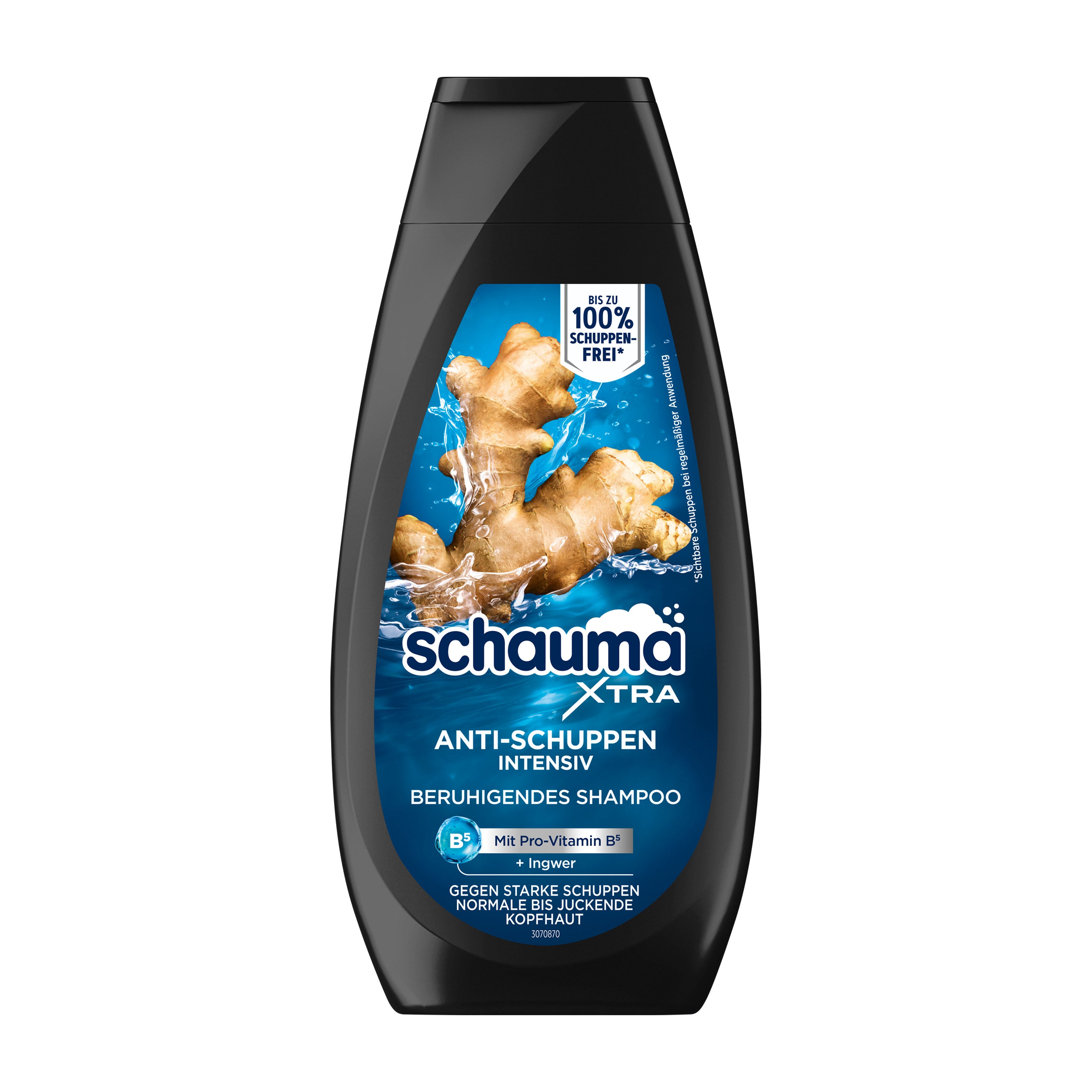 Schauma Xtra Anti-Dandruff Intensive shampoo bottle with ginger root on a blue background