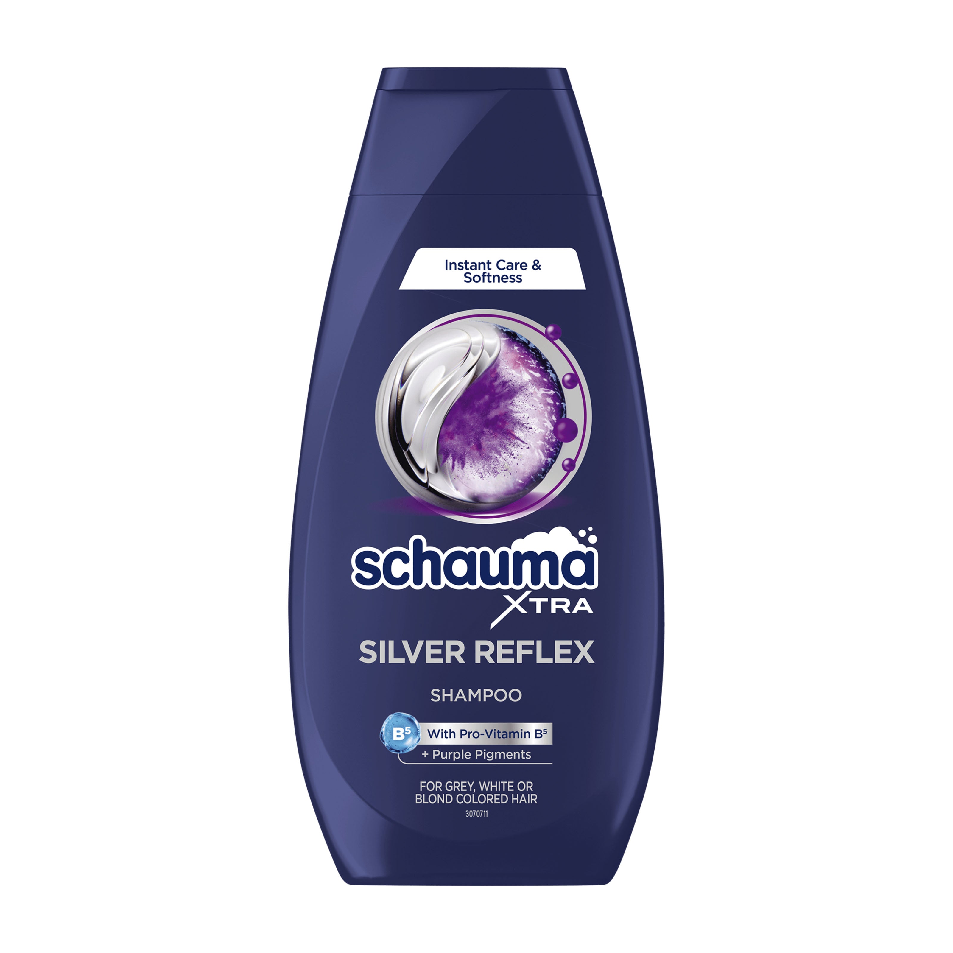 Plastic bottle of Schauma XTRA Silver Reflex Shampoo on a white background.