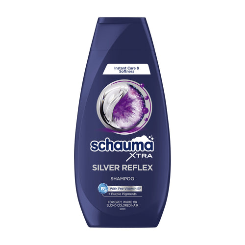 Plastic bottle of Schauma XTRA Silver Reflex Shampoo on a white background.
