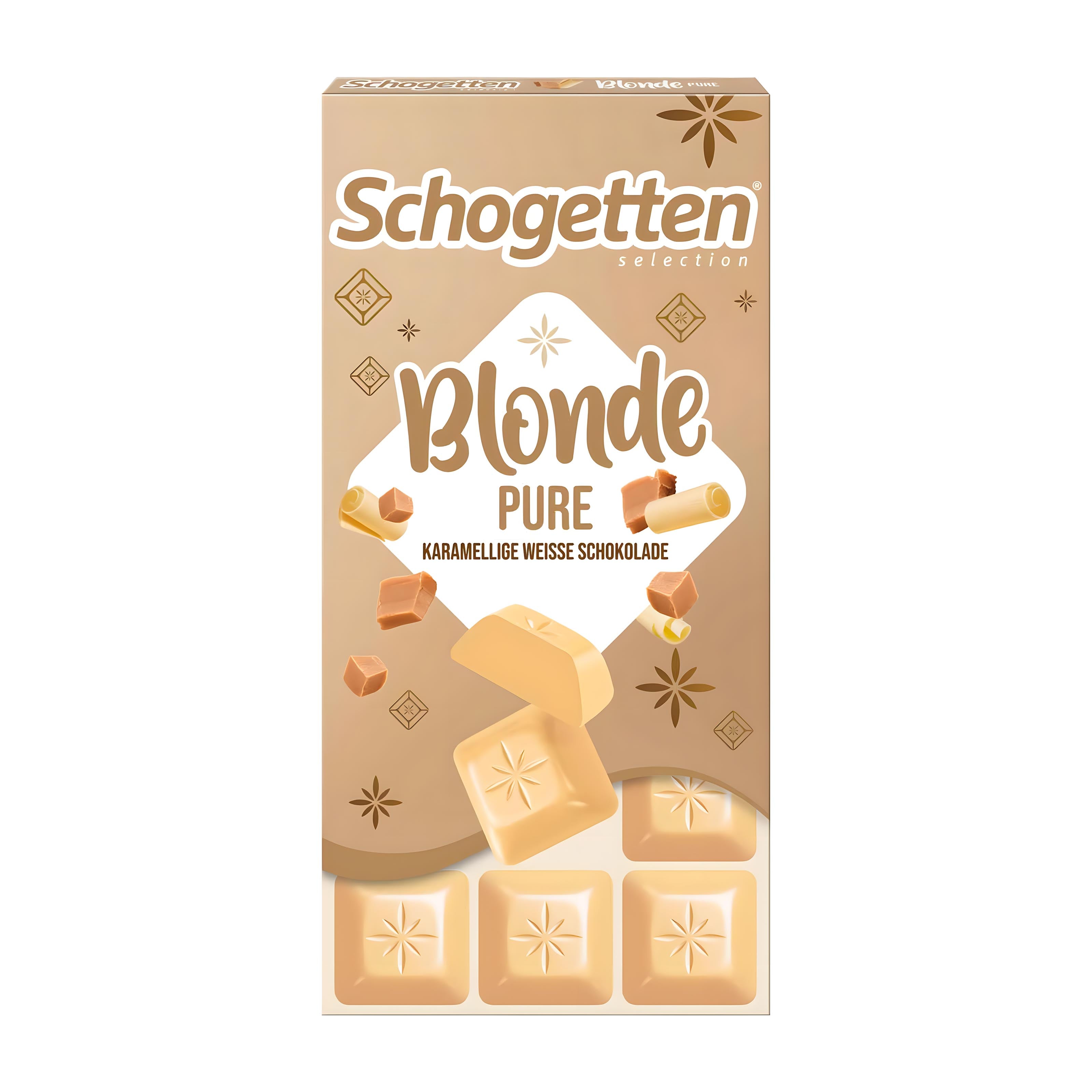 Box of Schogetten Blonde Pure caramelized white chocolate on a white background