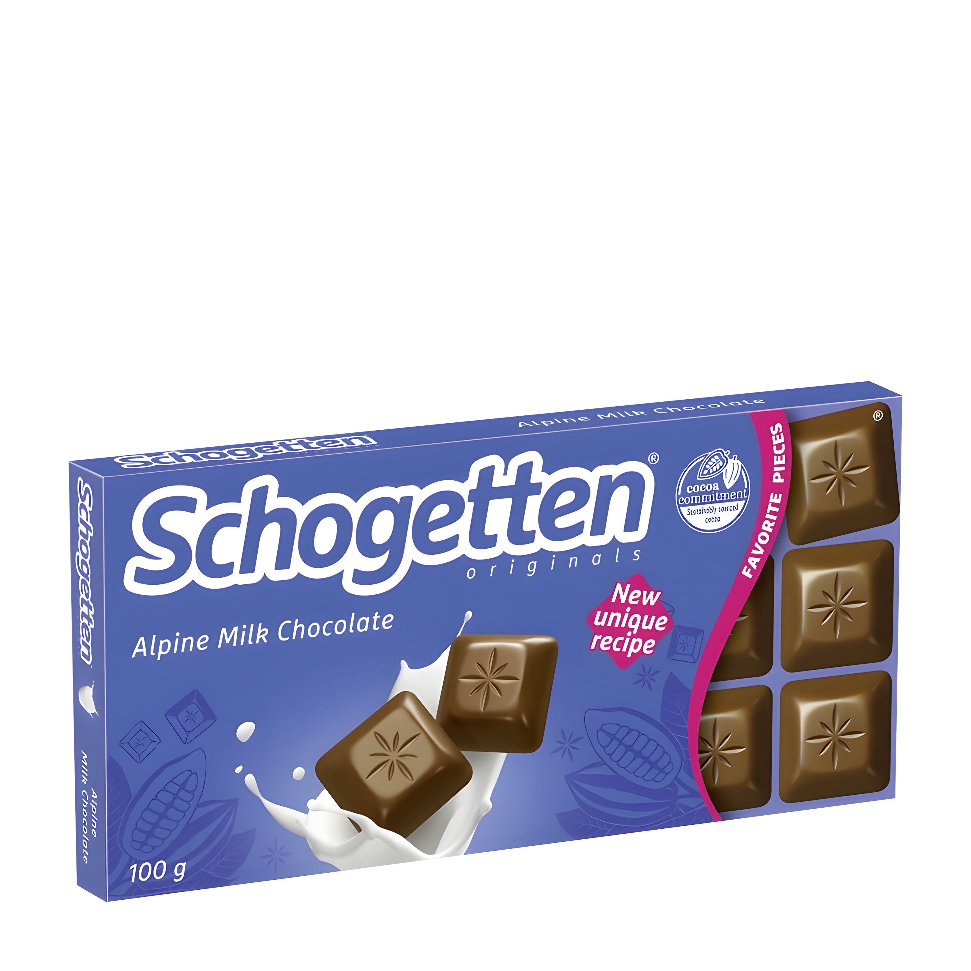 Box of Schogetten Alpine Milk Chocolate on a white background
