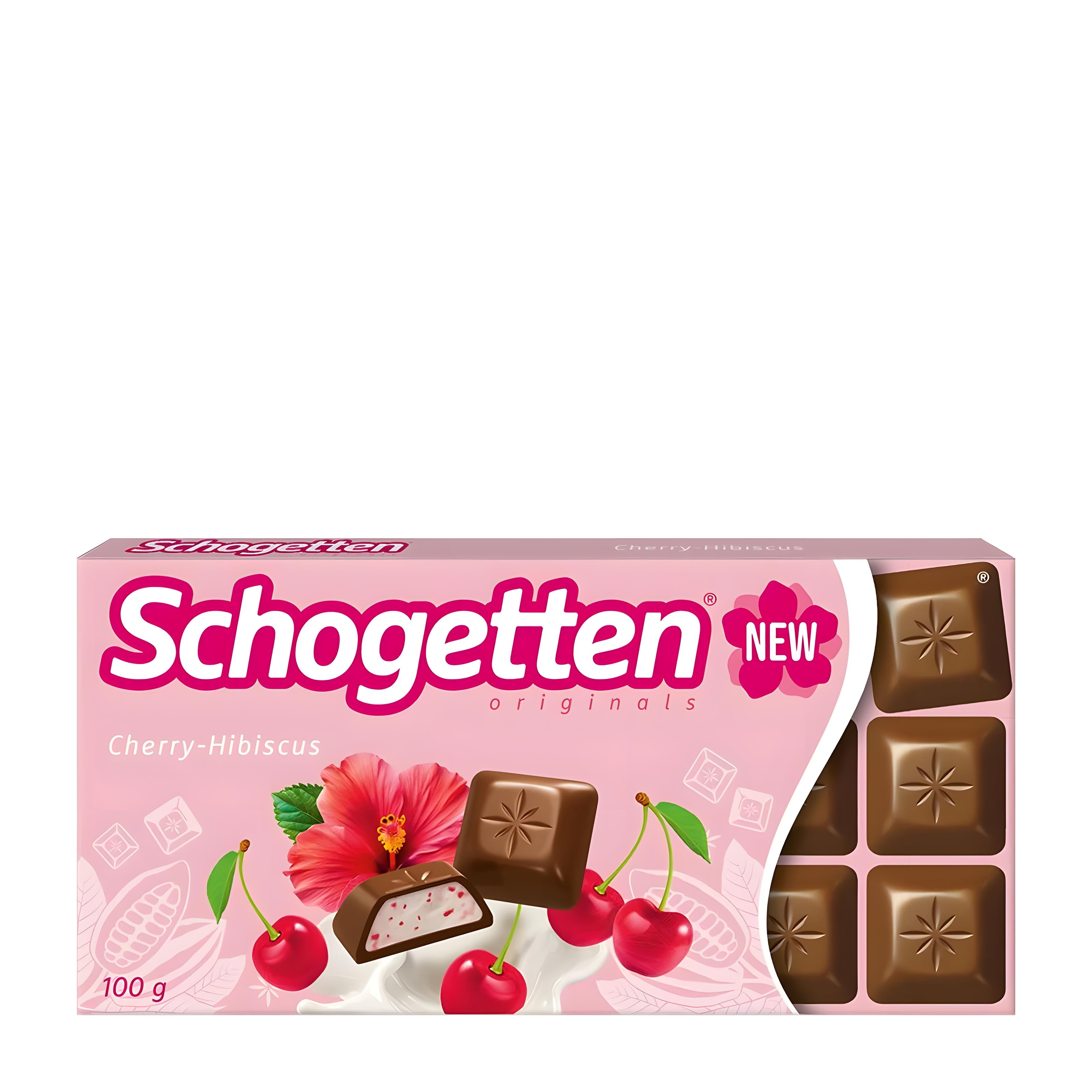 Schogetten Cherry-Hibiscus milk chocolate box with cherry and hibiscus design on a pink background