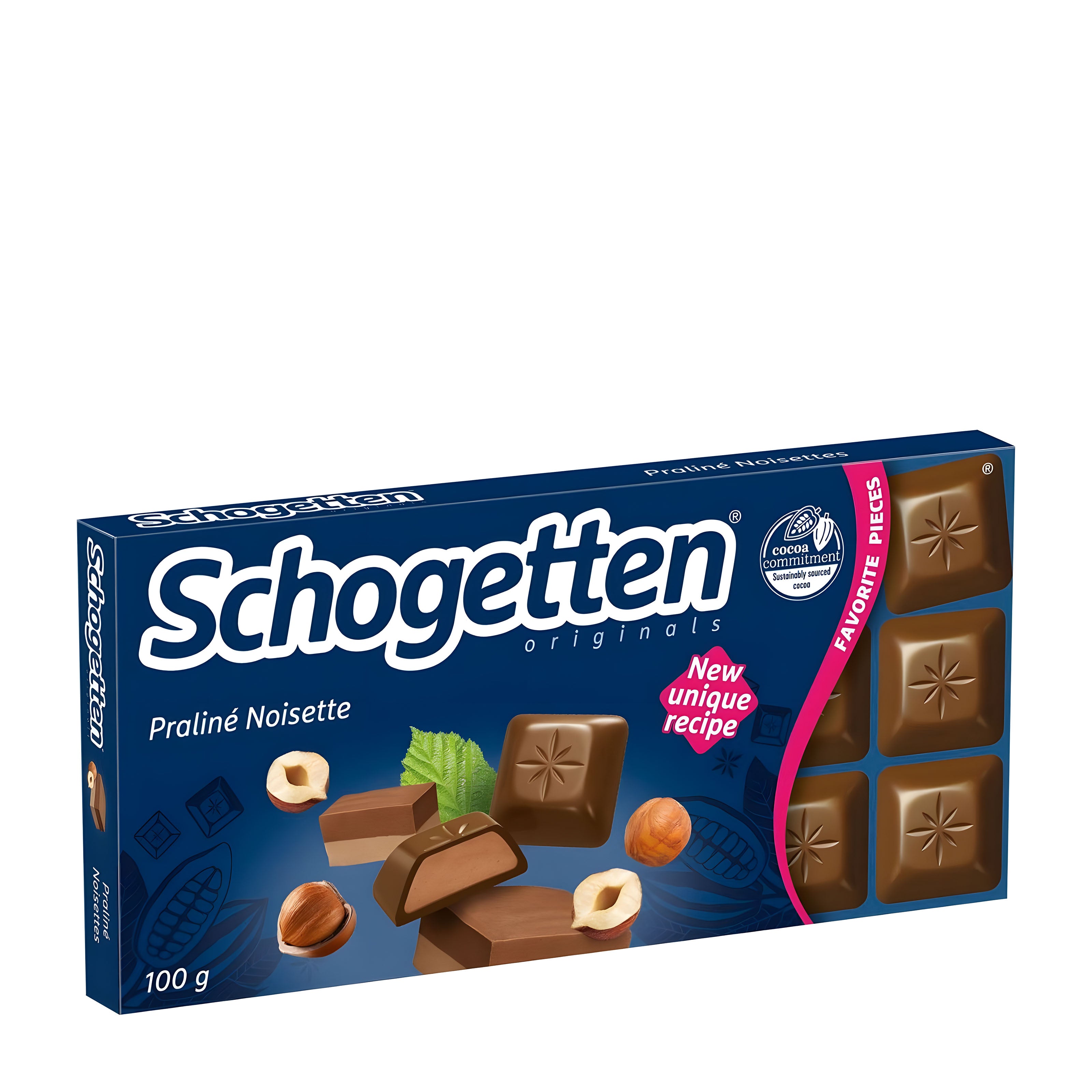 Schogetten Praline Noisette milk chocolate box with a blue background