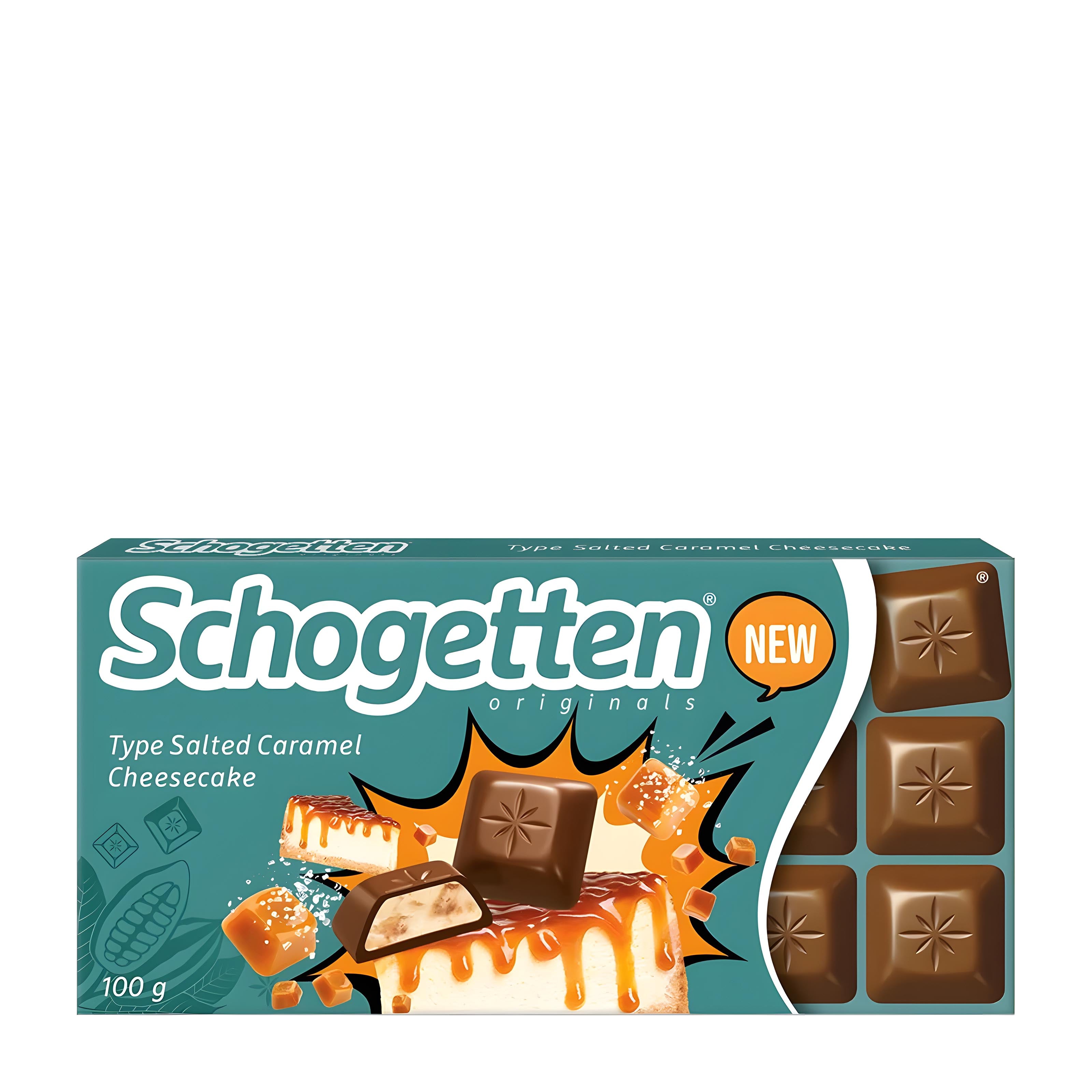 Box of Schogetten Type Salted Caramel Cheesecake chocolates on a white background